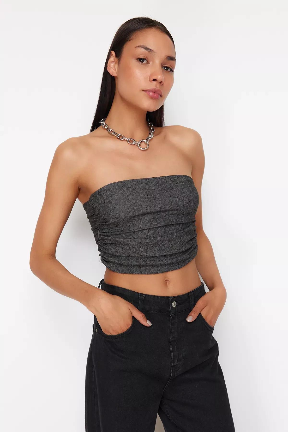 Grey Strapless Stretchy Knit Blouse, , large image number 1