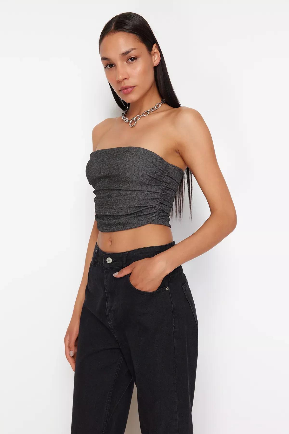 Grey Strapless Stretchy Knit Blouse, , large image number 4
