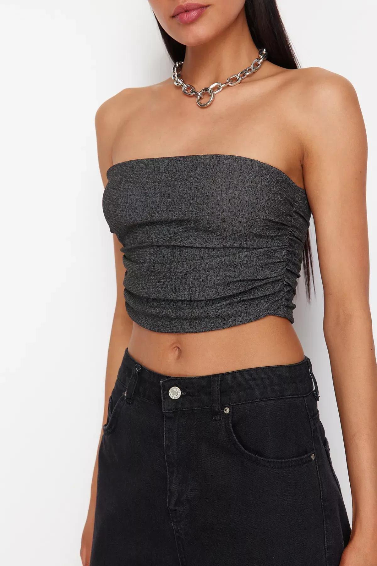 Grey Strapless Stretchy Knit Blouse, , large image number 5
