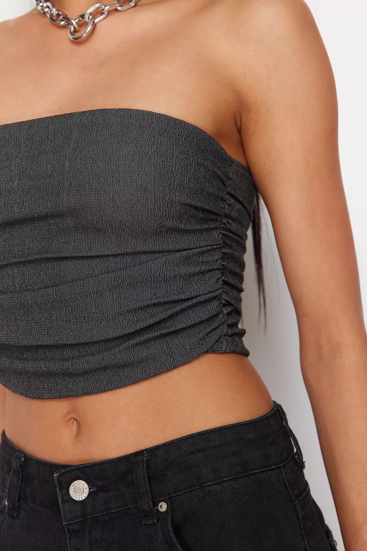 Grey Strapless Stretchy Knit Blouse, , large image number 6
