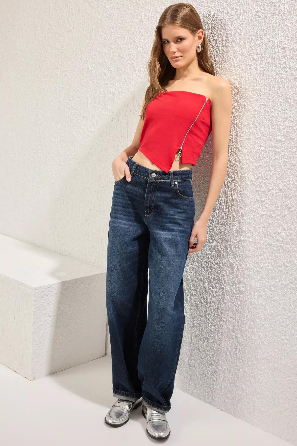 Red Strapless Zip Crop Blouse, , large image number 1