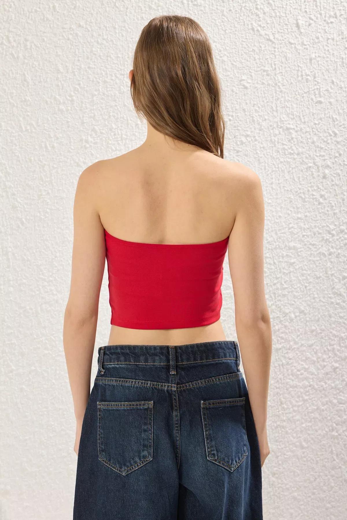 Red Strapless Zip Crop Blouse, , large image number 3