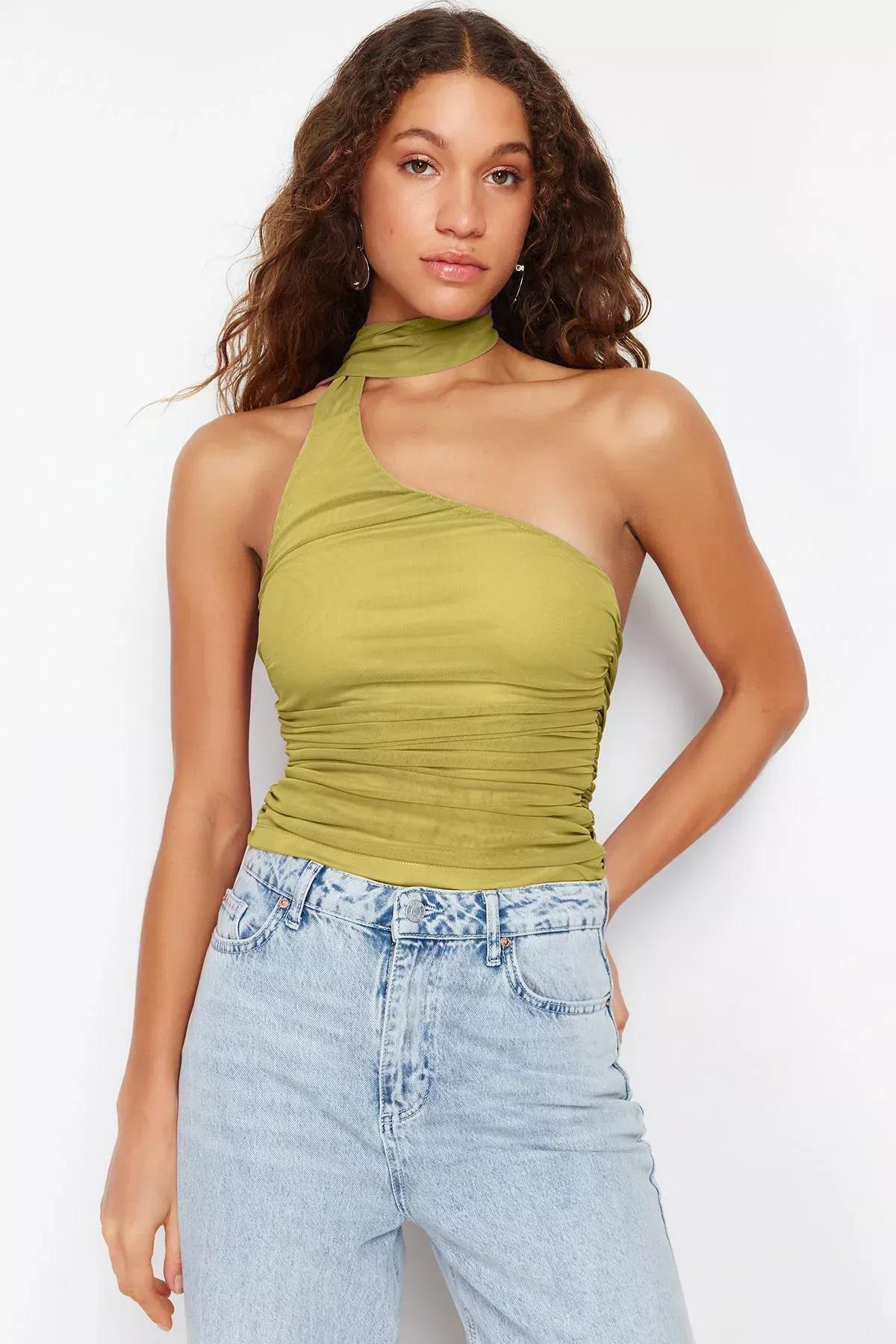 Green Pleated Halter Neck Blouse, OIL GREEN, large image number 0