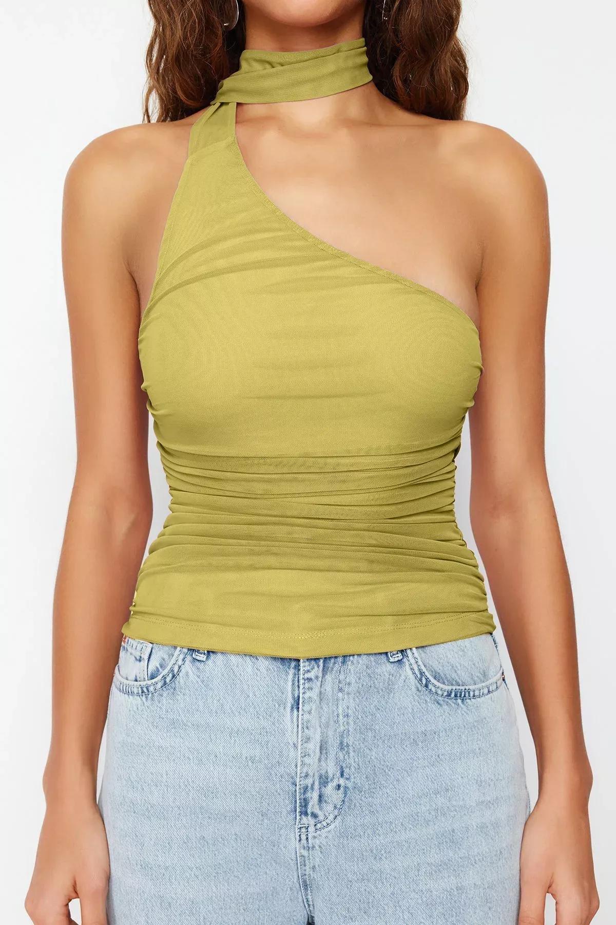 Green Pleated Halter Neck Blouse, OIL GREEN, large image number 1