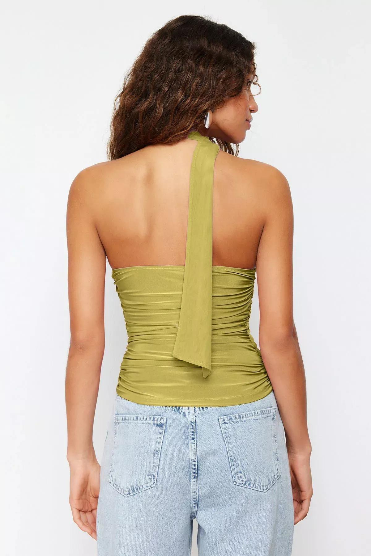 Green Pleated Halter Neck Blouse, OIL GREEN, large image number 4