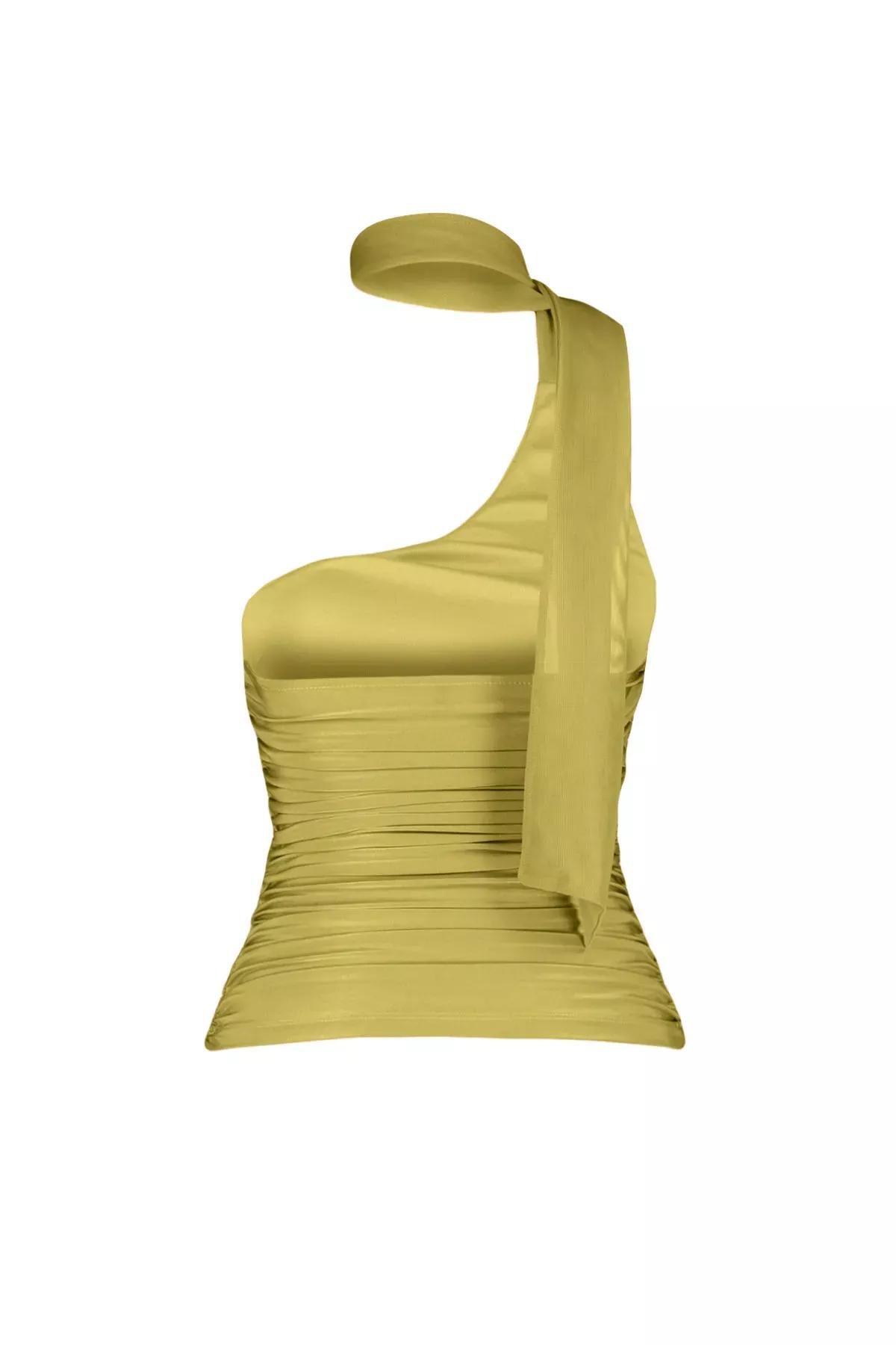 Green Pleated Halter Neck Blouse, OIL GREEN, large image number 5