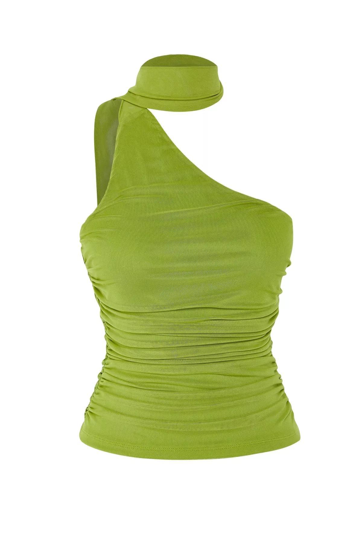 Green Pleated Halter Neck Blouse, OIL GREEN, large image number 6