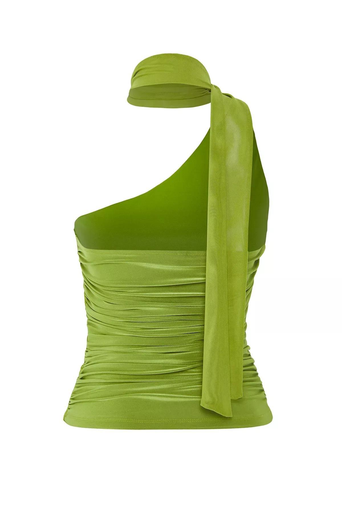 Green Pleated Halter Neck Blouse, OIL GREEN, large image number 7