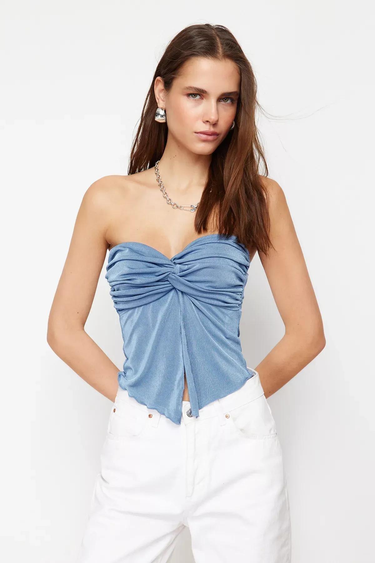 Blue Crop Knitted Top, , large image number 1