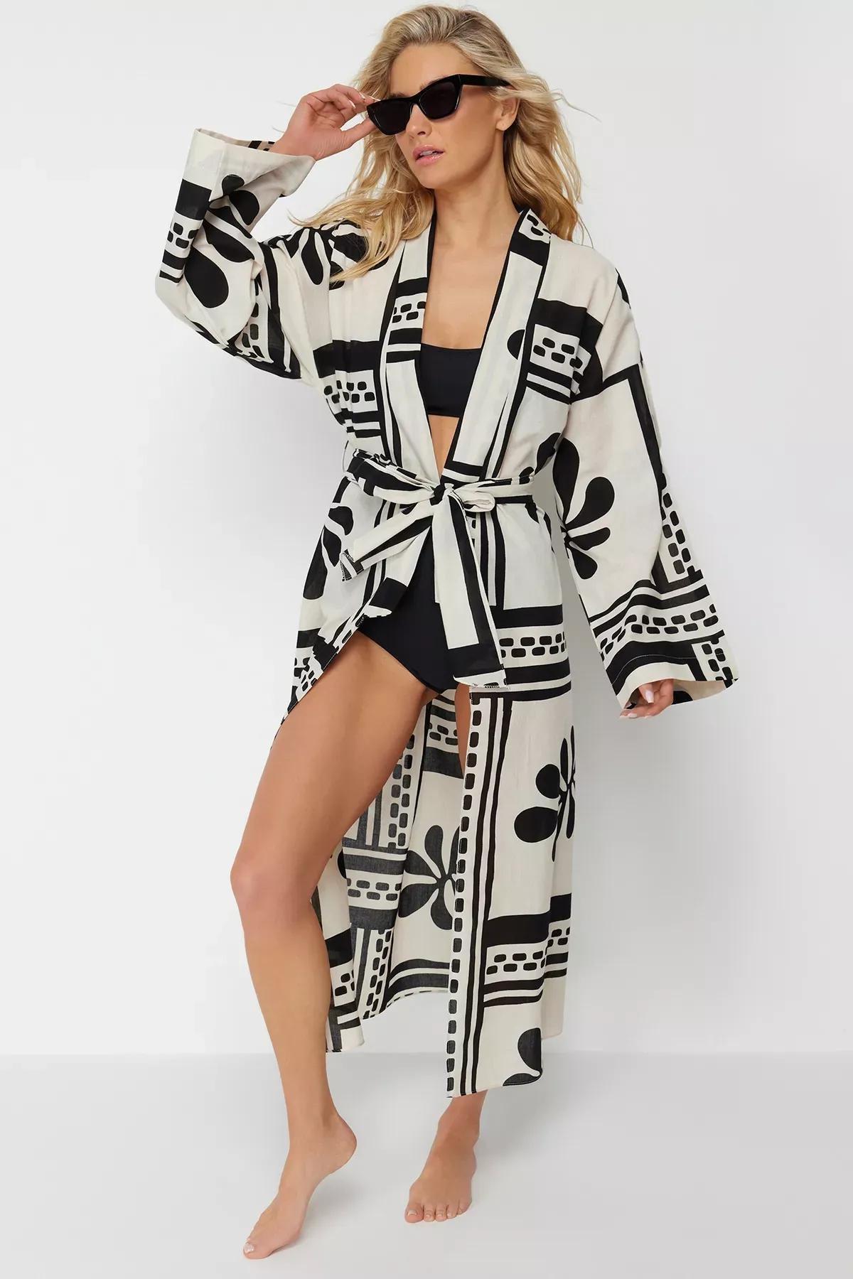 كيمونو قطن طويل بنقشة زهور، ألوان متعددة, C101_1704, large image number 2