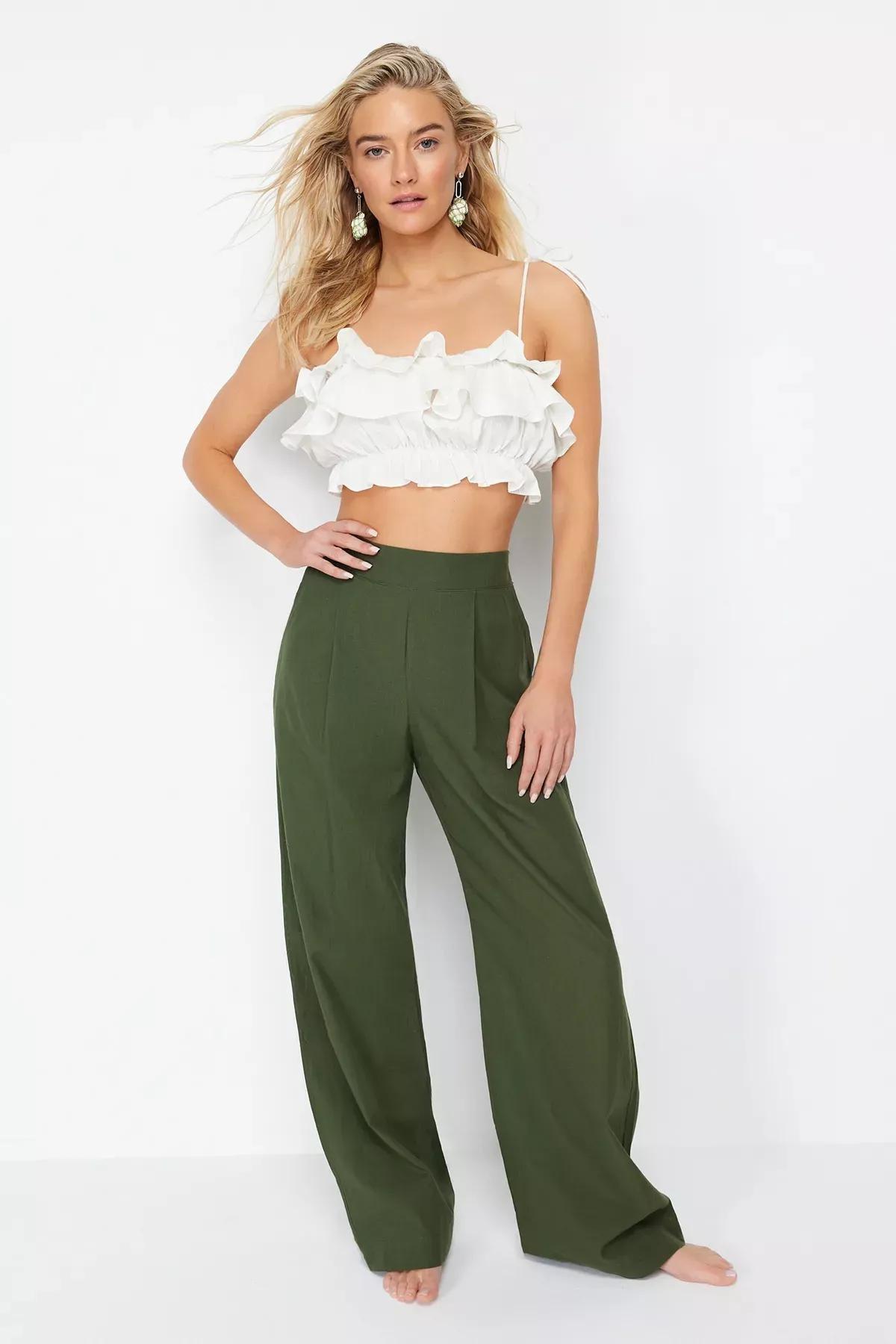 Khaki Woven High Waist Trousers, C101_4009, large image number 0