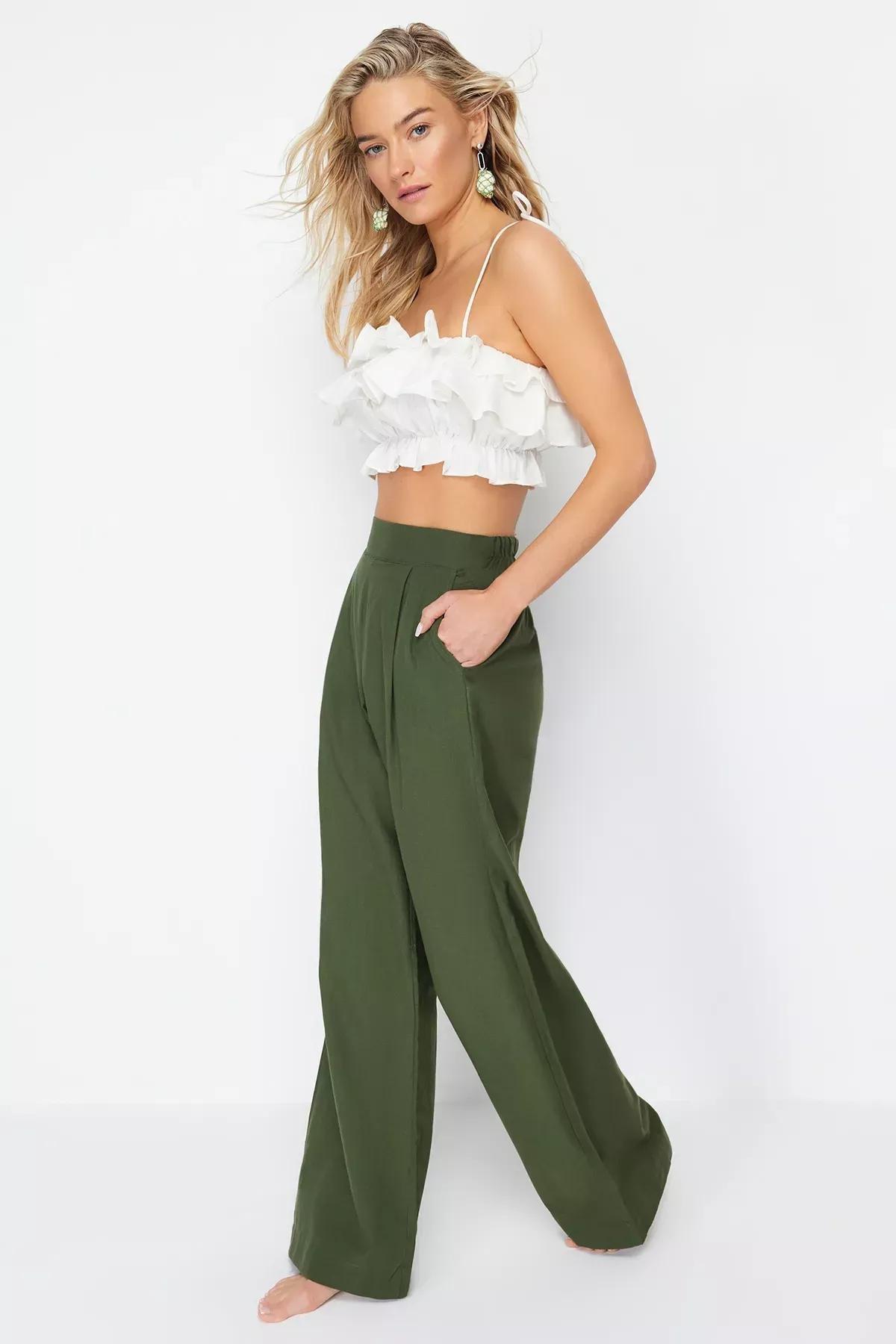 Khaki Woven High Waist Trousers, C101_4009, large image number 1