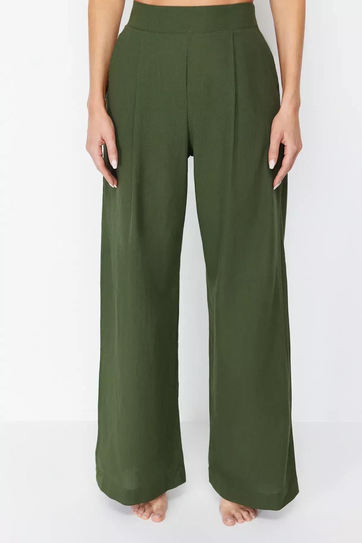 Khaki Woven High Waist Trousers, C101_4009, large image number 3