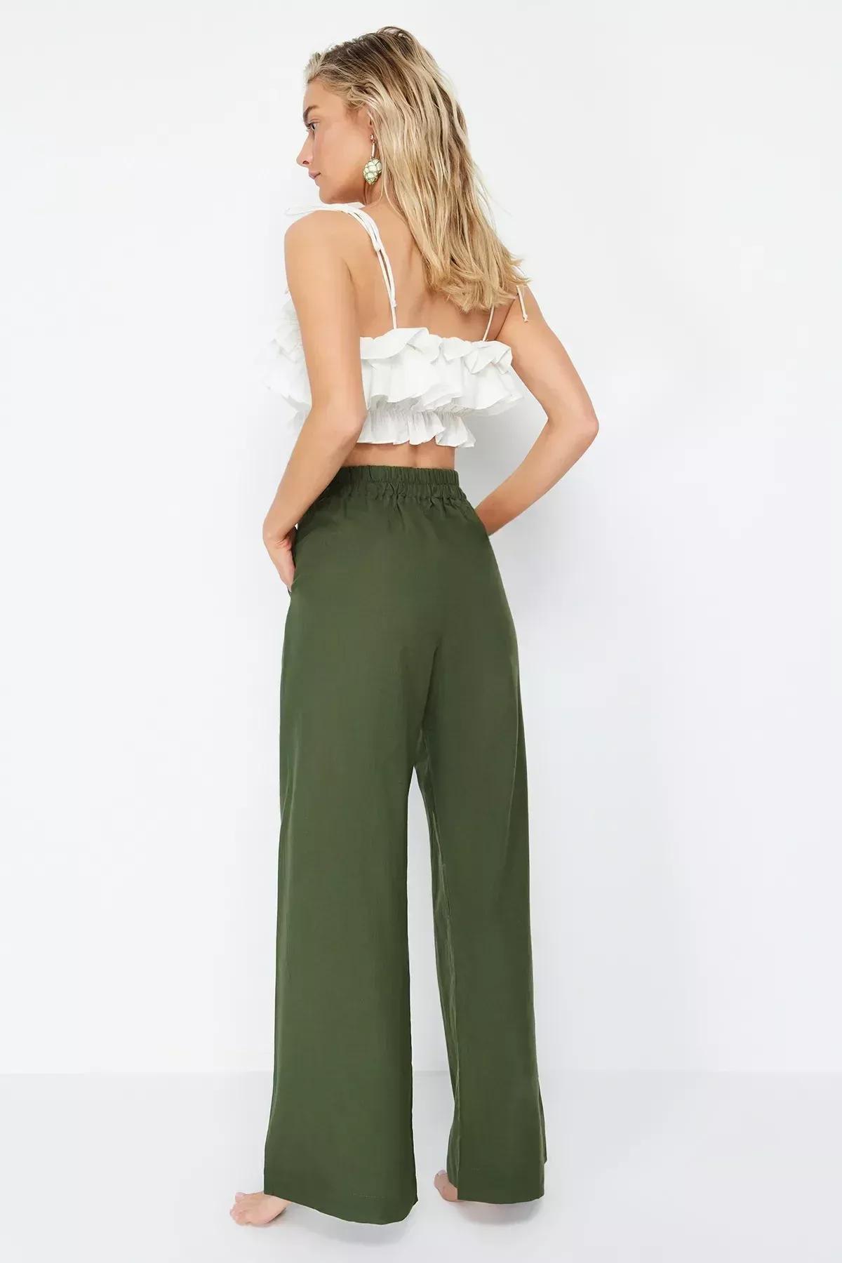 Khaki Woven High Waist Trousers, C101_4009, large image number 4