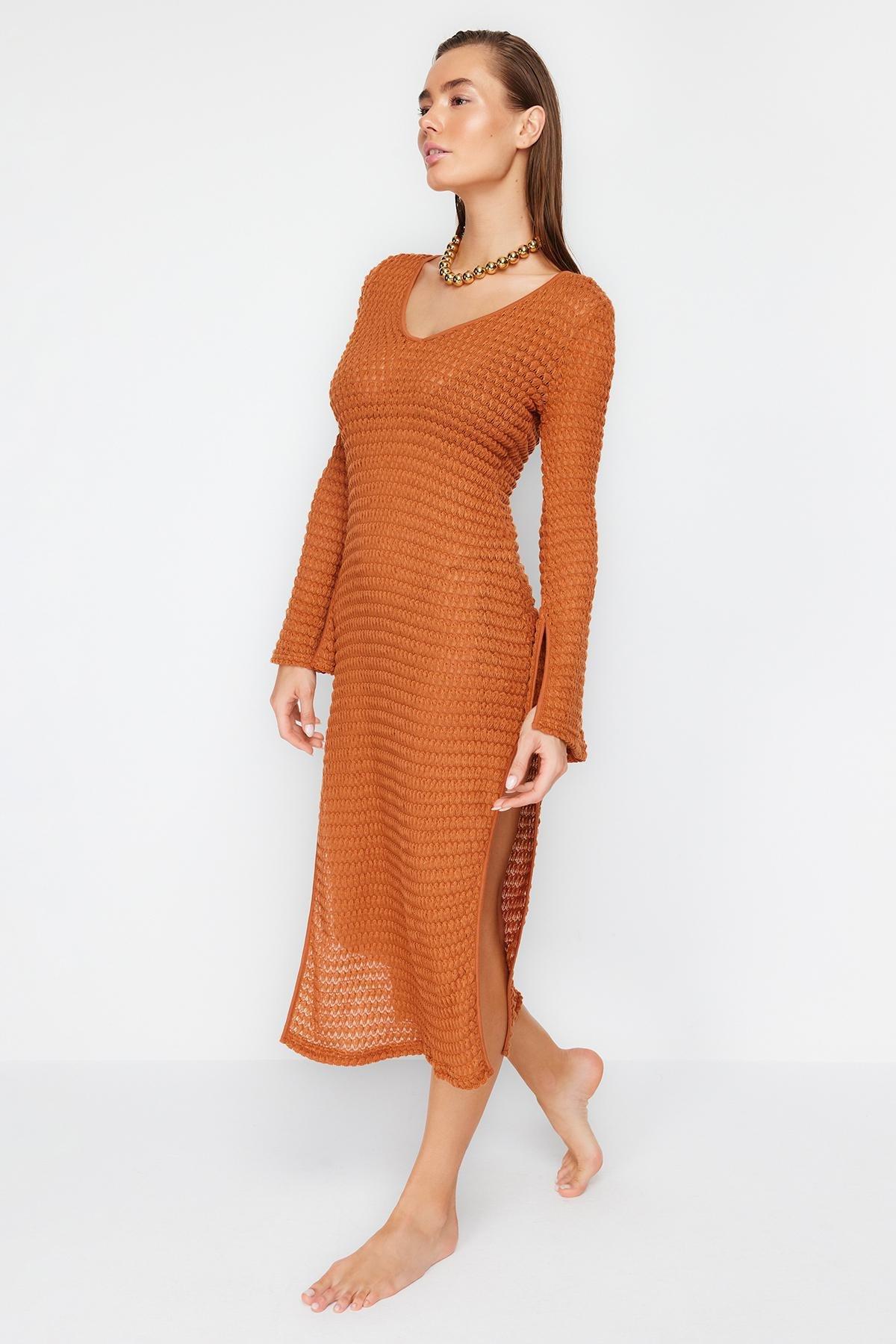 Brown Fitted Maxi Knit Slit Dress, C101_4627, large image number 0
