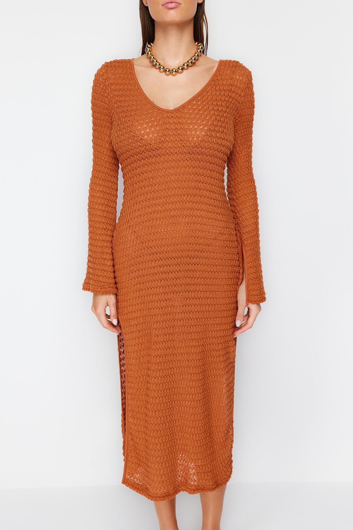 Brown Fitted Maxi Knit Slit Dress, C101_4627, large image number 1