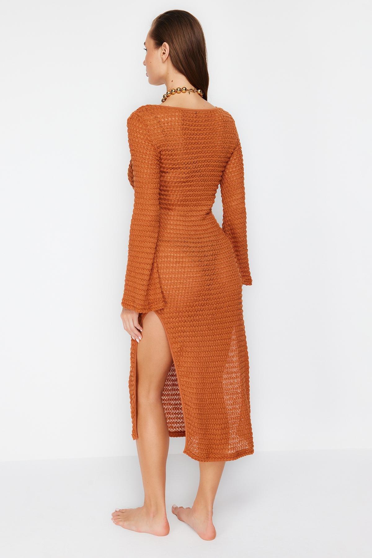 Brown Fitted Maxi Knit Slit Dress, C101_4627, large image number 2