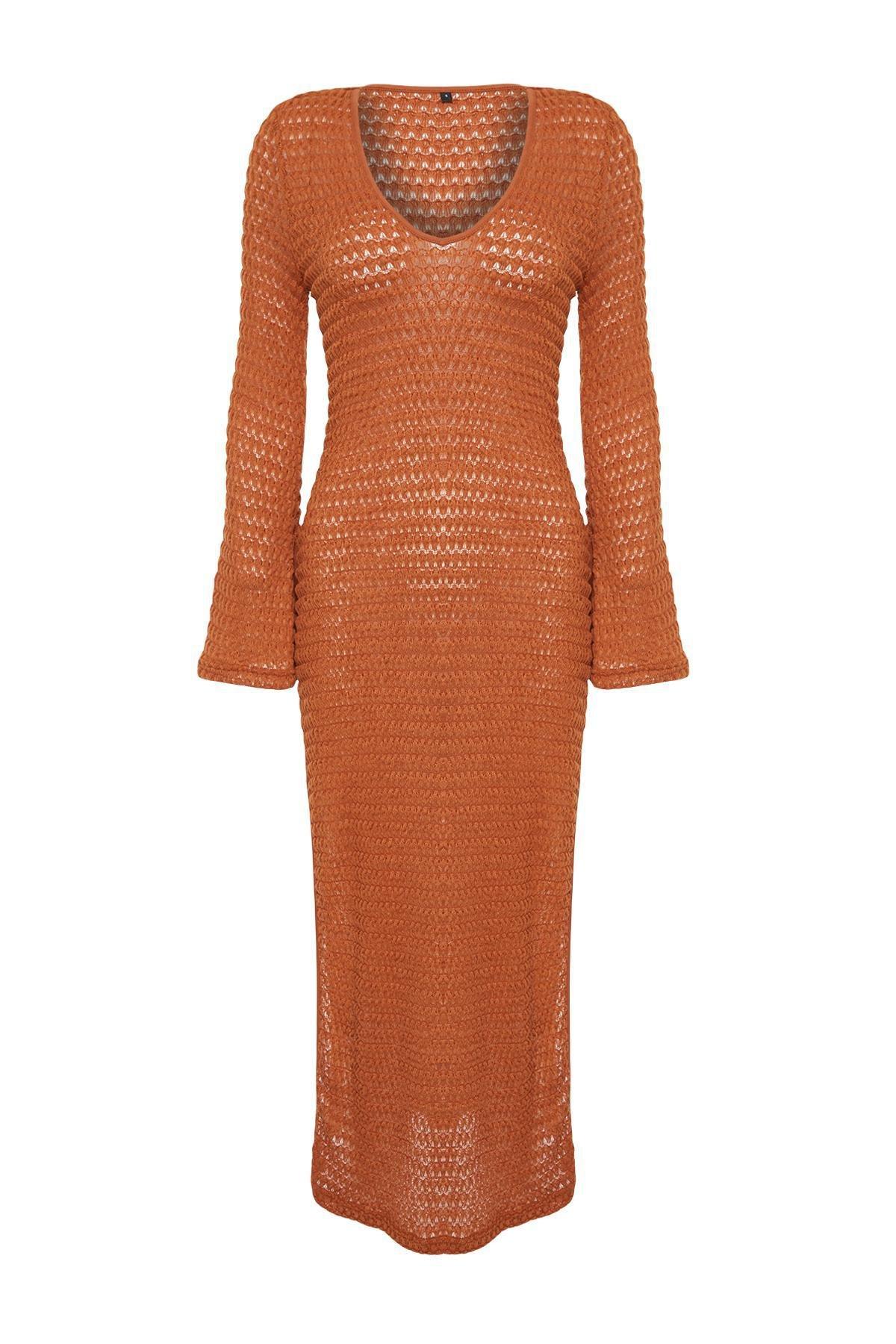 Brown Fitted Maxi Knit Slit Dress, C101_4627, large image number 3
