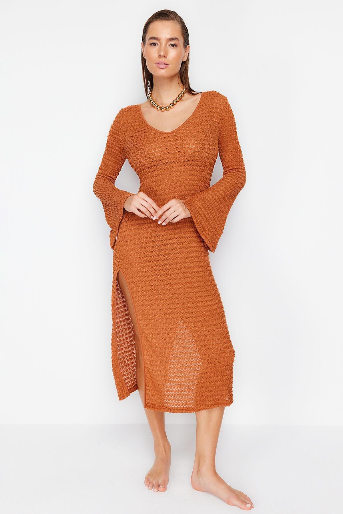 Brown Fitted Maxi Knit Slit Dress, C101_4627, large image number 4