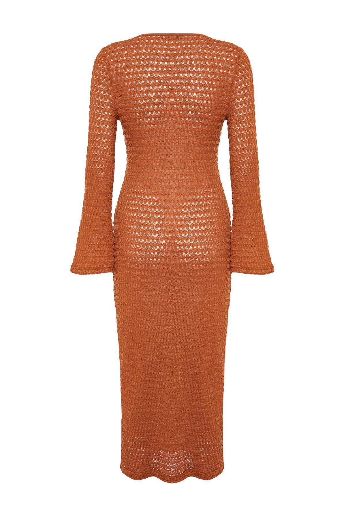 Brown Fitted Maxi Knit Slit Dress, C101_4627, large image number 5