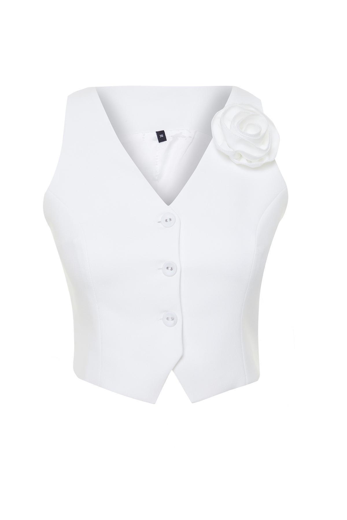 Cream Fitted Rose Detailed Woven Vest, , large image number 5