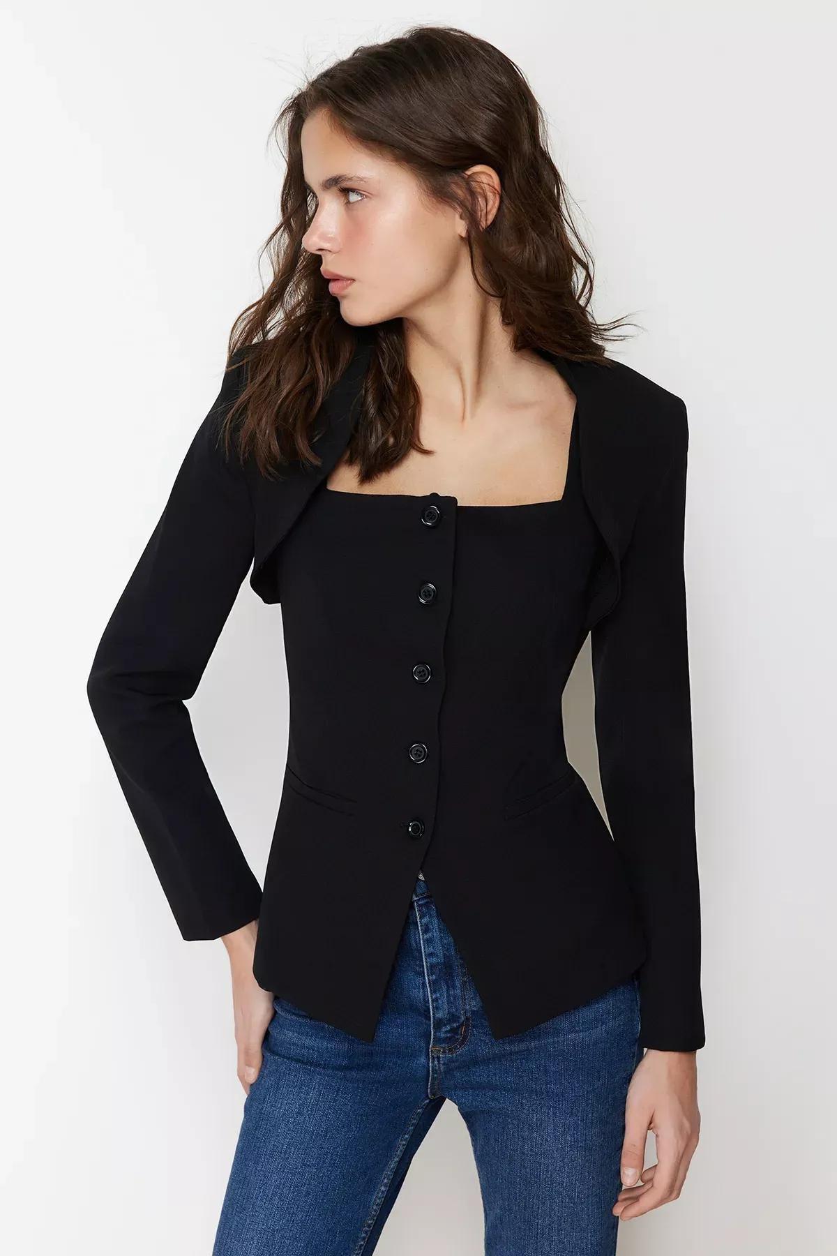 Black Bolero Detail Woven Blazer Jacket, , large image number 1