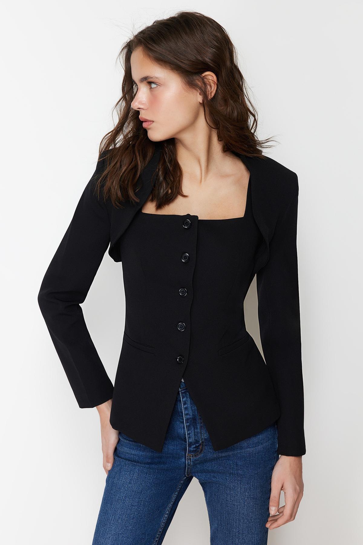 Black Bolero Detail Woven Blazer Jacket, , large image number 1