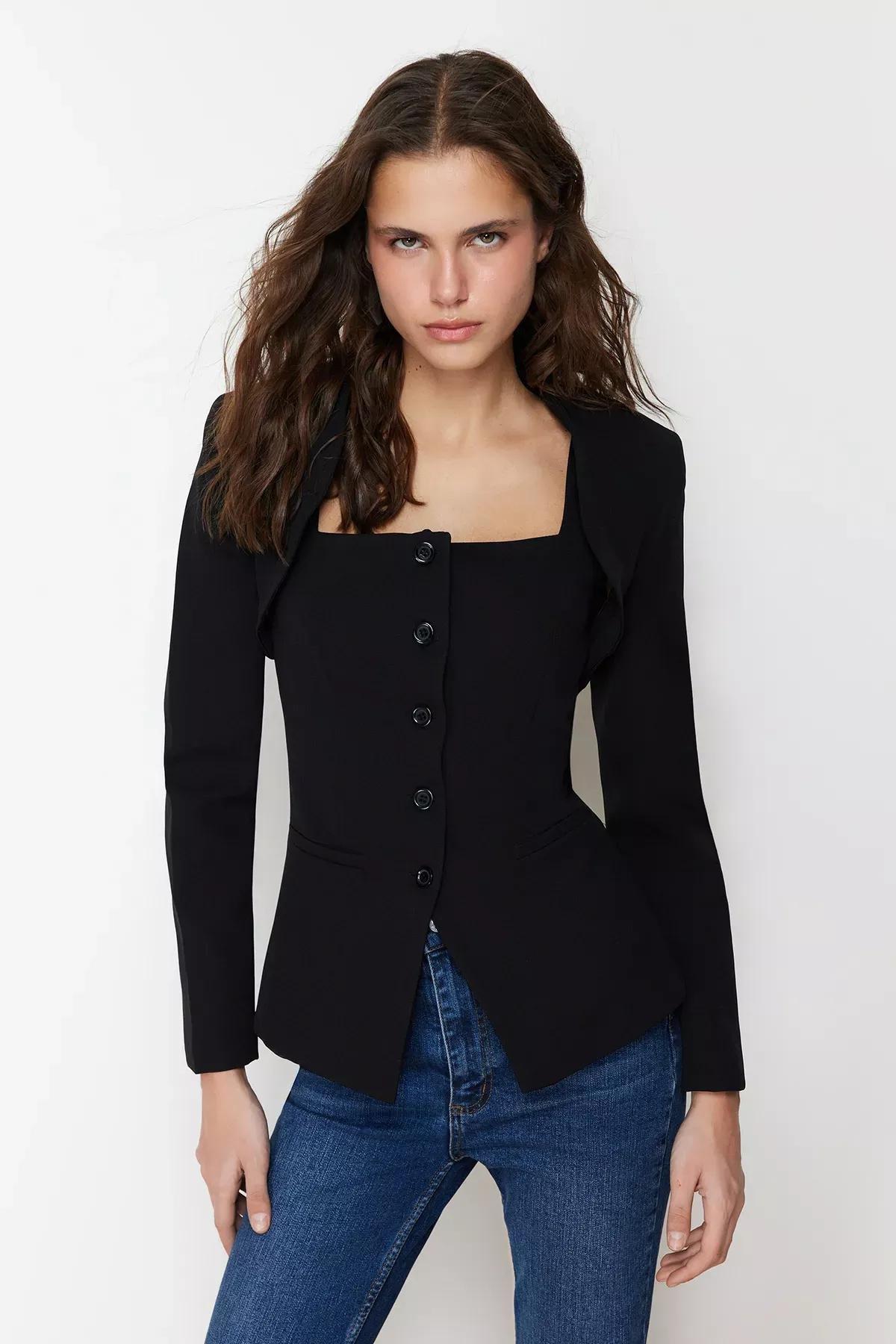 Black Bolero Detail Woven Blazer Jacket, , large image number 2