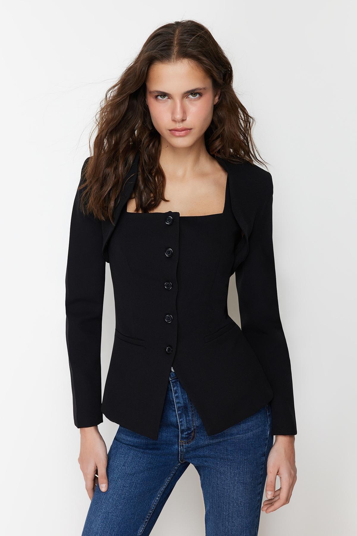 Black Bolero Detail Woven Blazer Jacket, , large image number 2