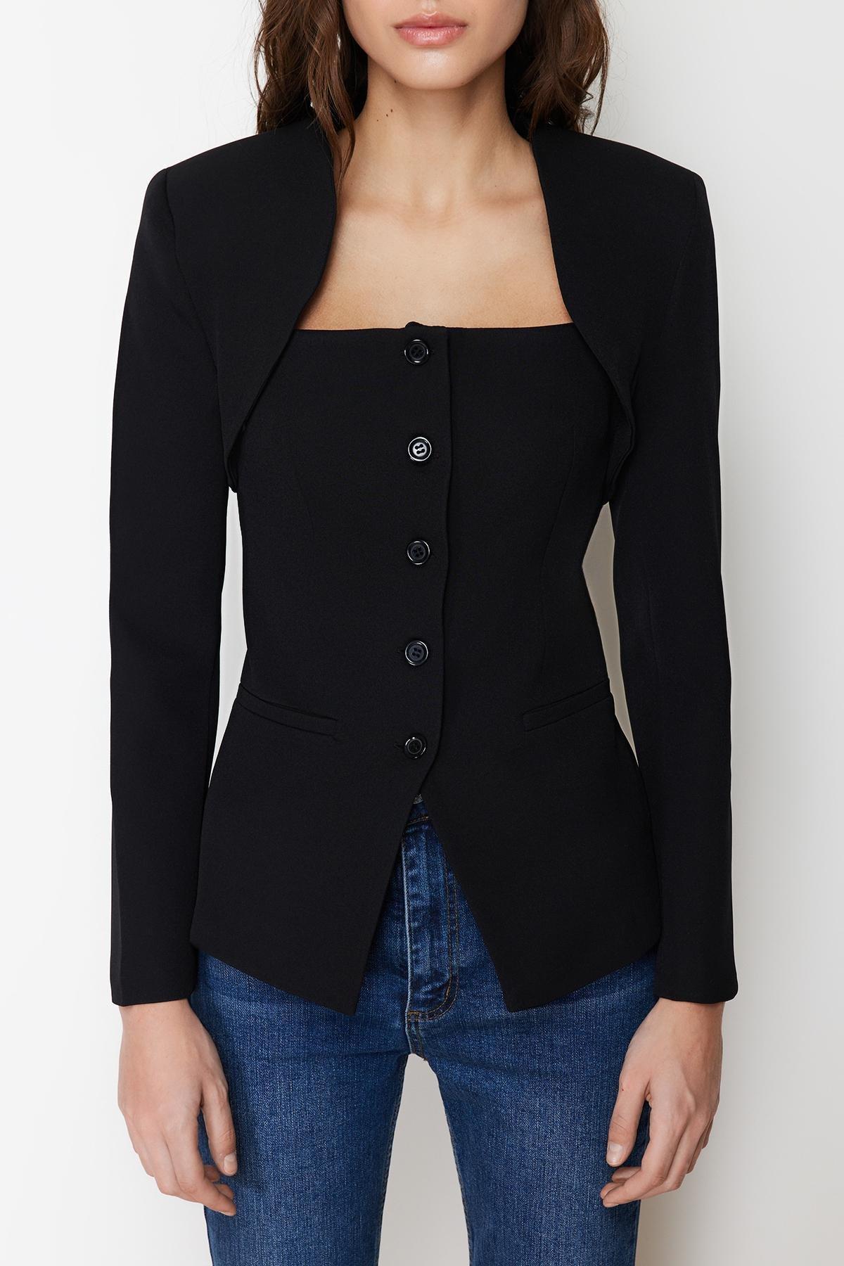 Black Bolero Detail Woven Blazer Jacket, , large image number 3