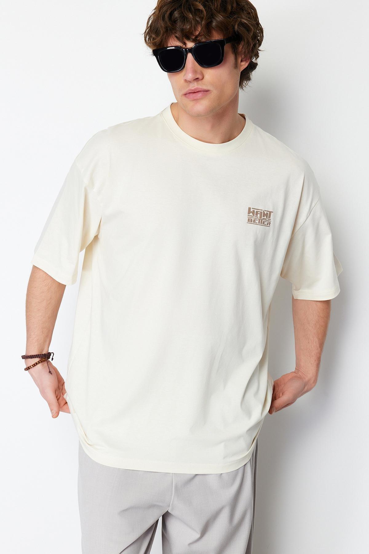 Beige Oversize Text Back Printed T-Shirt, C101_1948, large image number 2