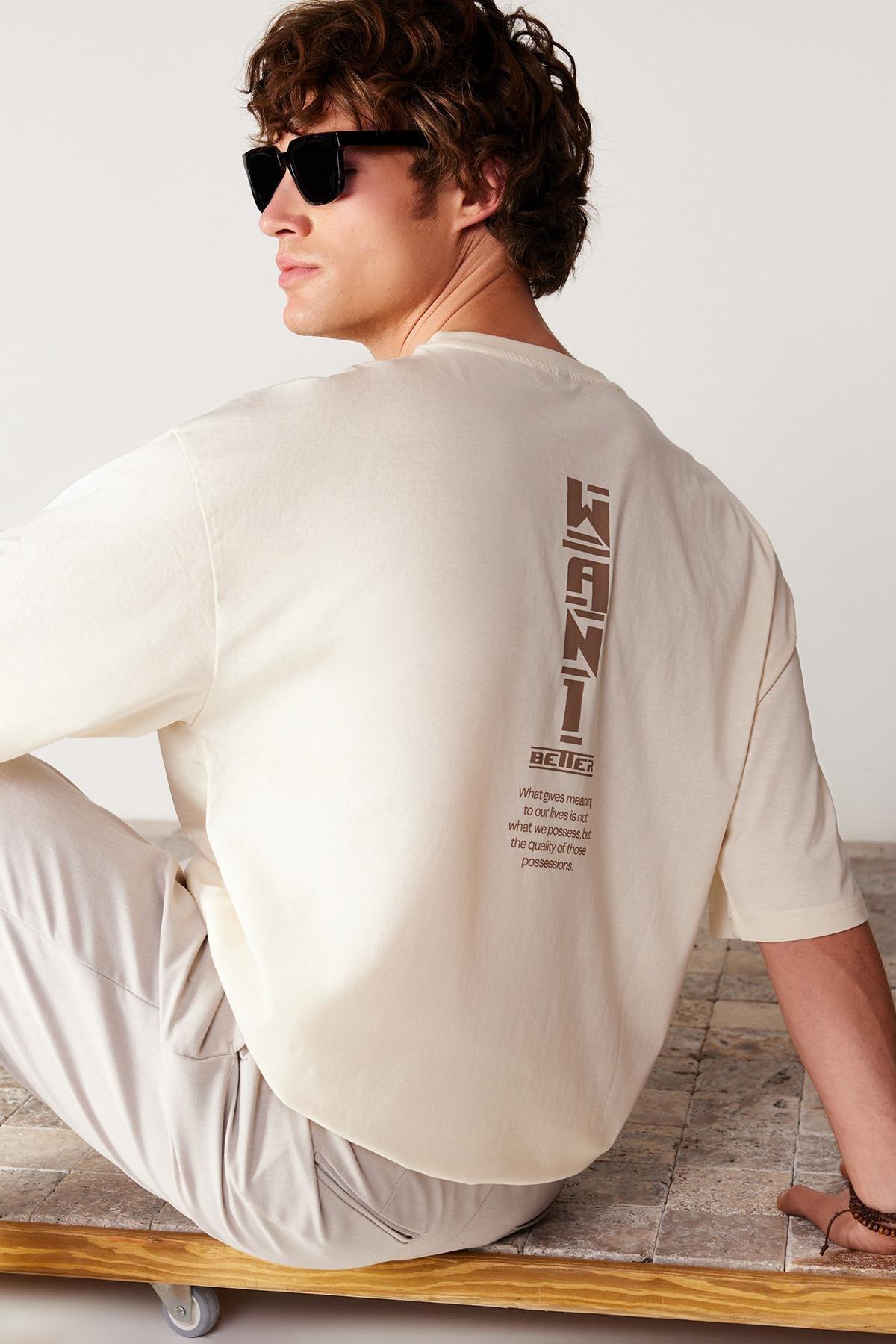 Beige Oversize Text Back Printed T-Shirt, C101_1948, large image number 3