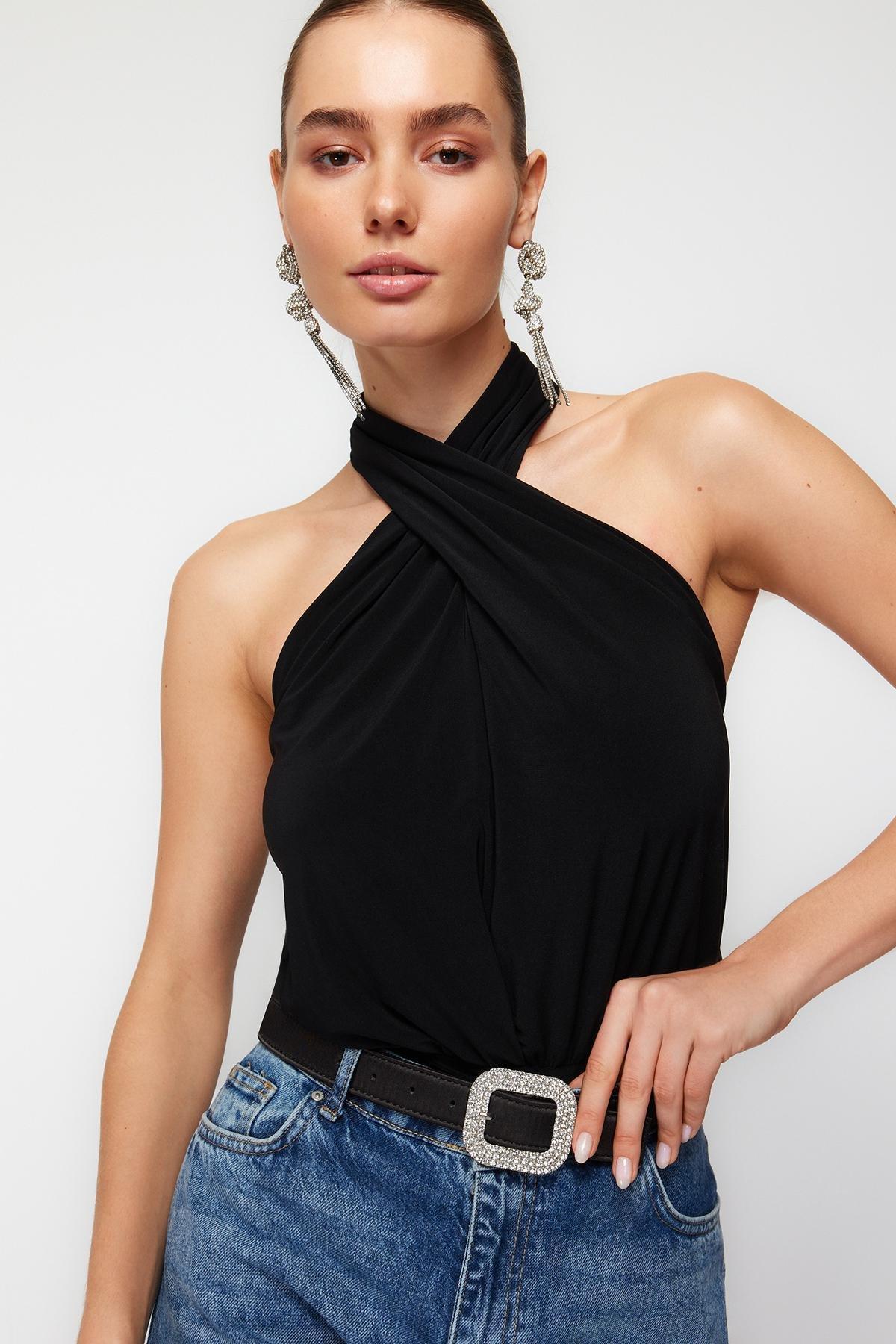 Black Halter Neck Knitted Bodysuit, , large image number 0