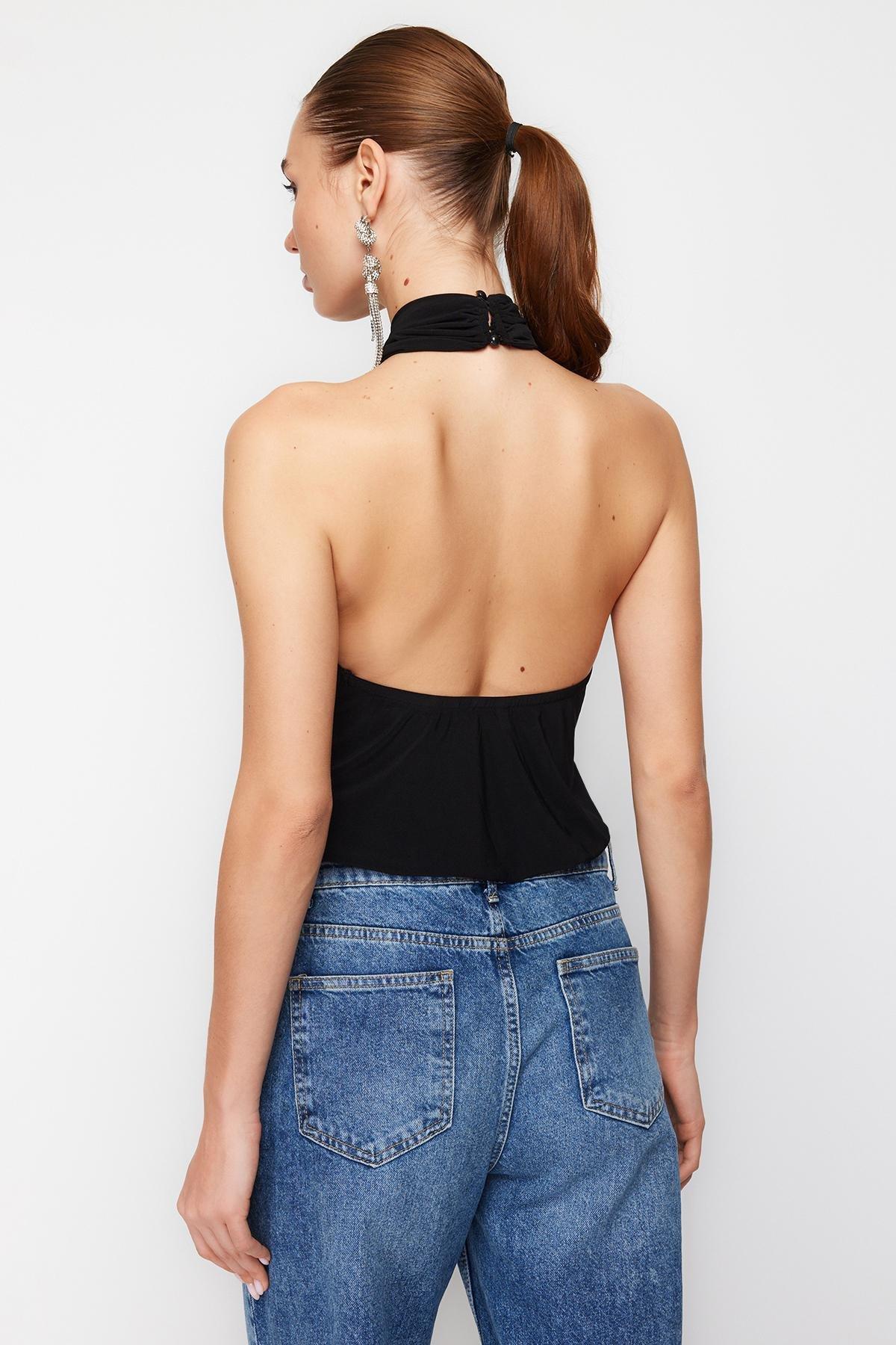 Black Halter Neck Knitted Bodysuit, , large image number 4