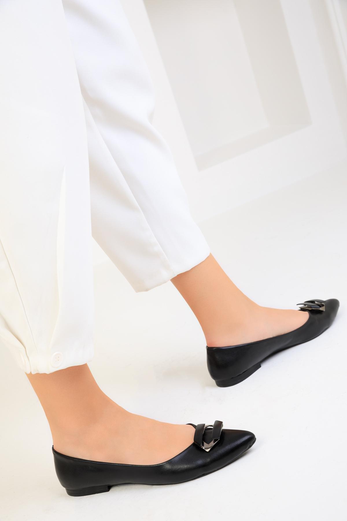 Black Leather Flats, BLACK, large image number 2