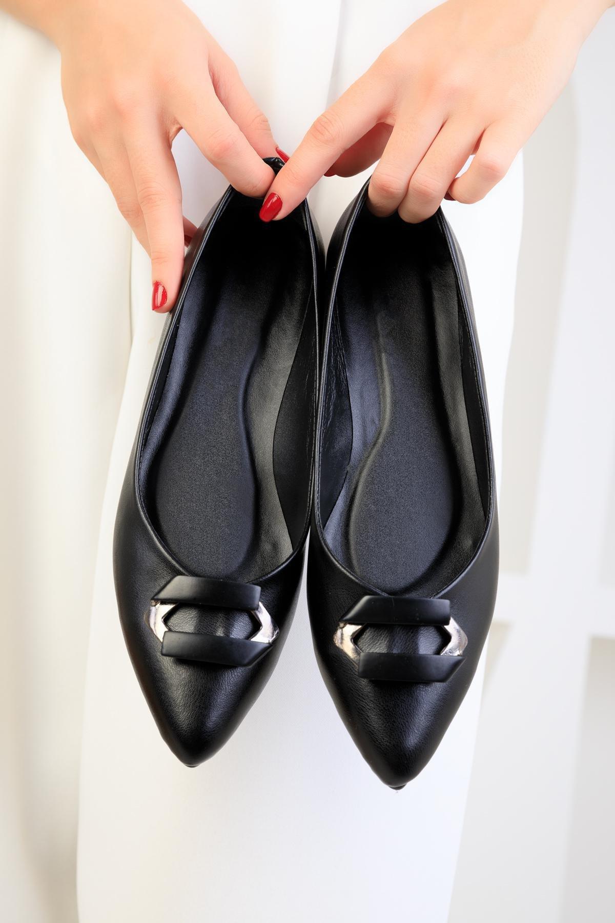 Black Leather Flats, BLACK, large image number 3