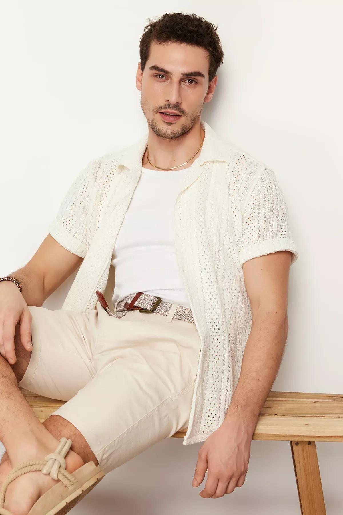 Ecru Open Collar Knitwear Shirt, , large image number 1