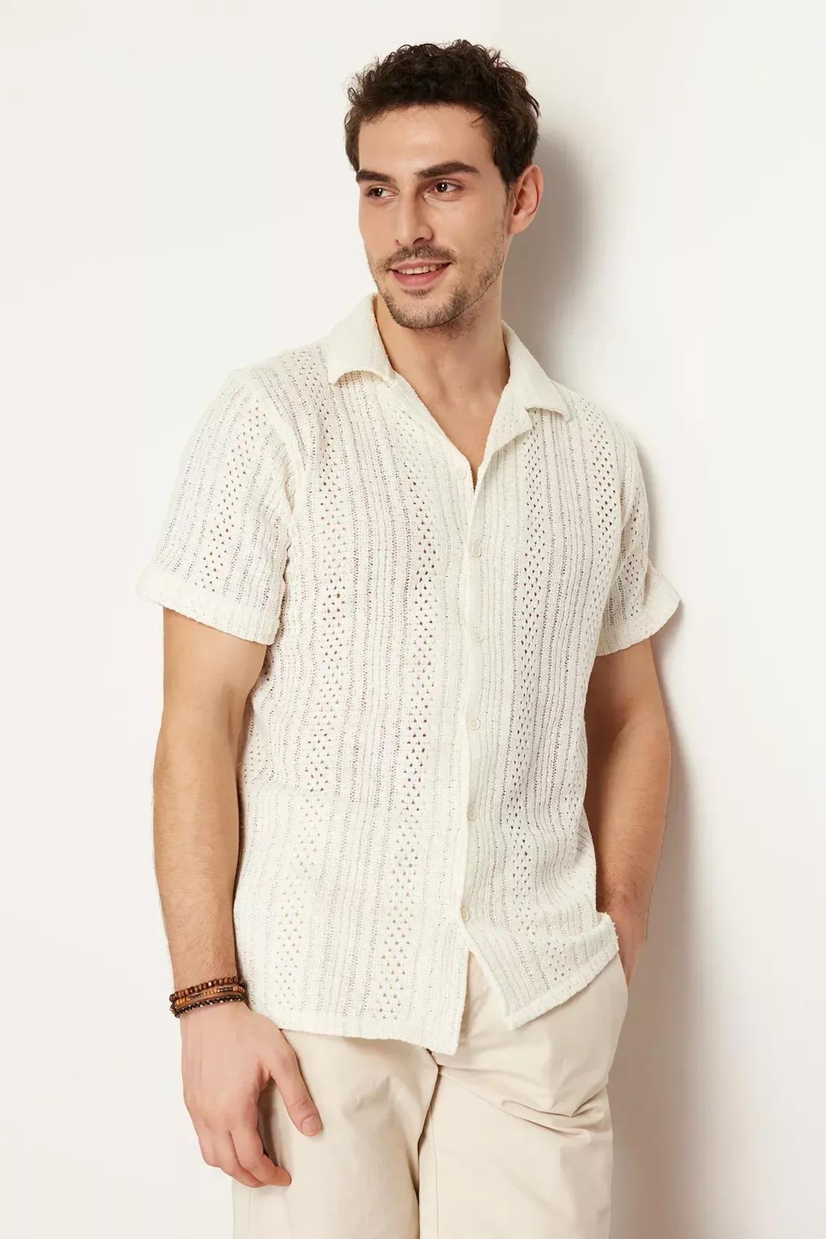 Ecru Open Collar Knitwear Shirt, , large image number 3
