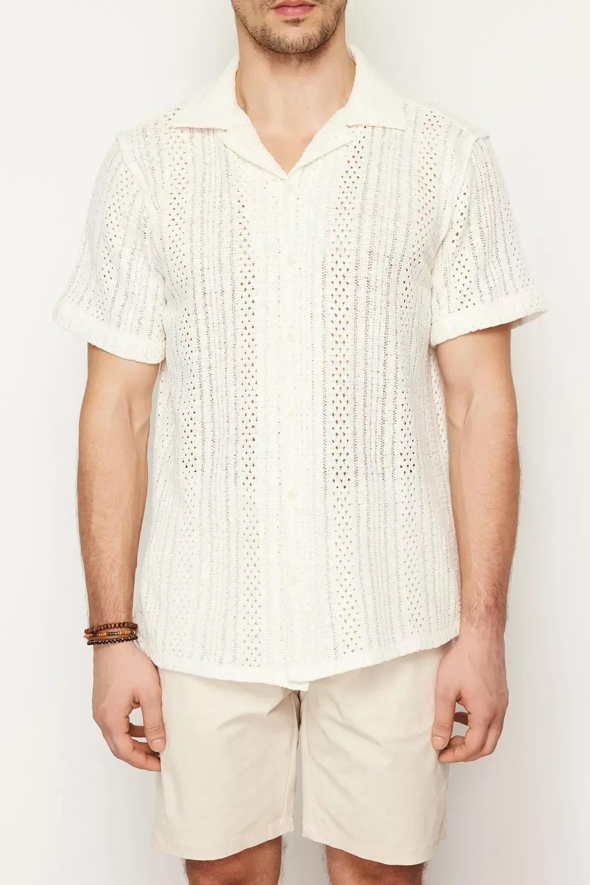 Ecru Open Collar Knitwear Shirt, , large image number 4