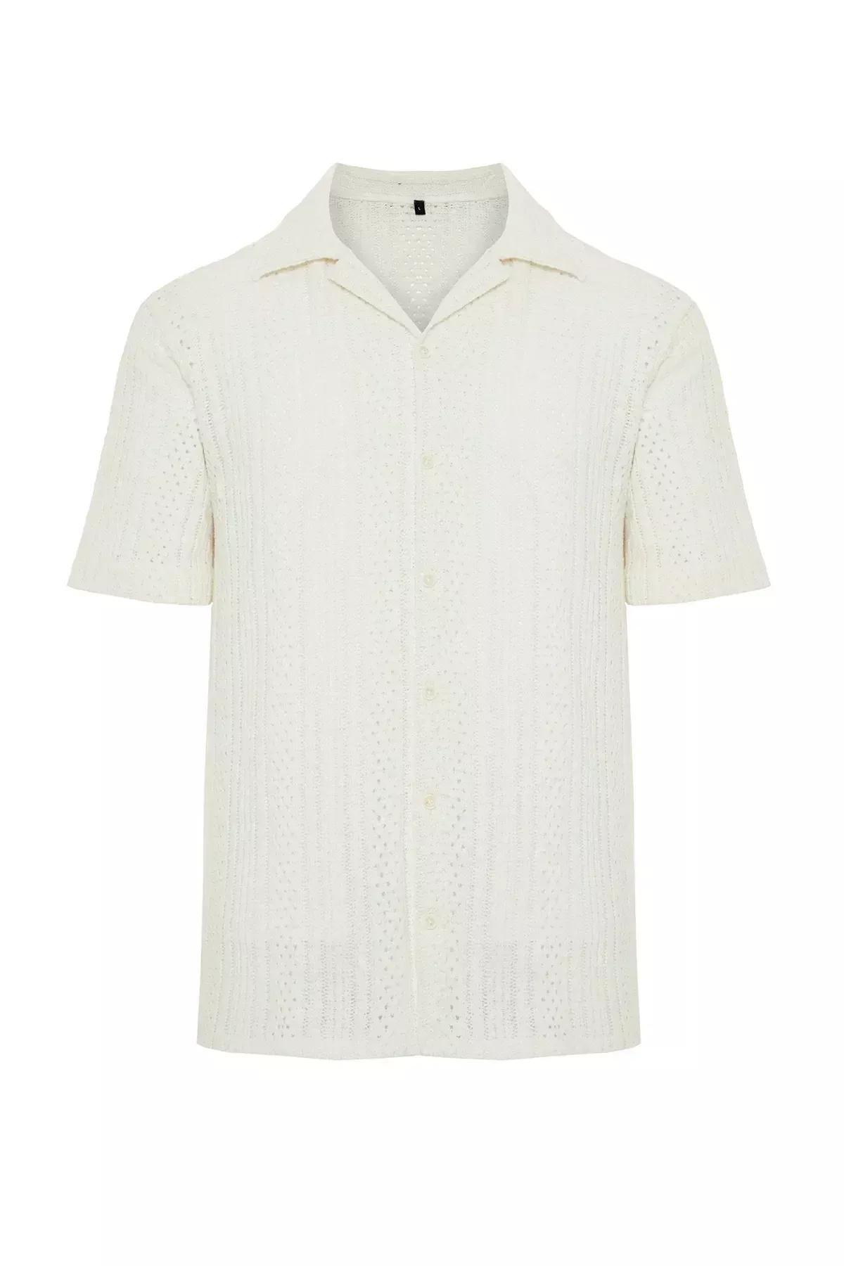 Ecru Open Collar Knitwear Shirt, , large image number 5