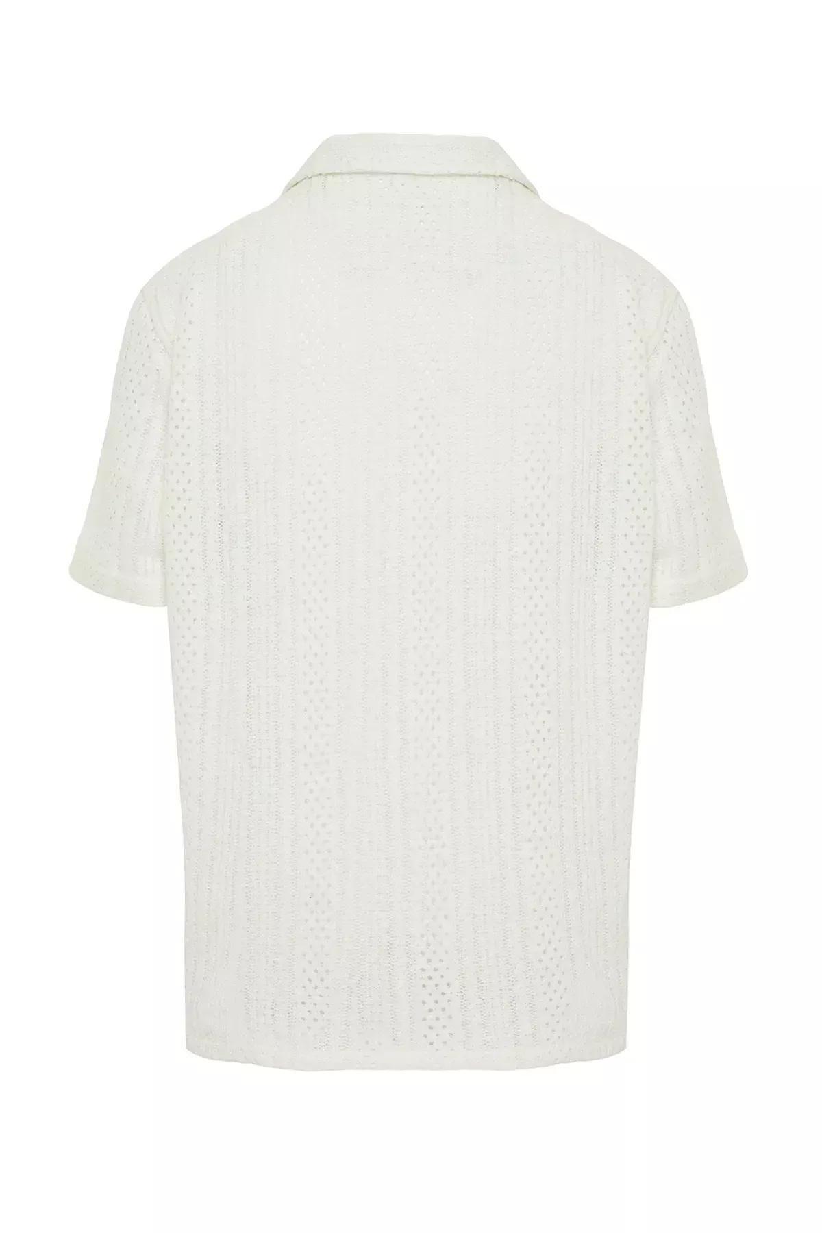 Ecru Open Collar Knitwear Shirt, , large image number 6