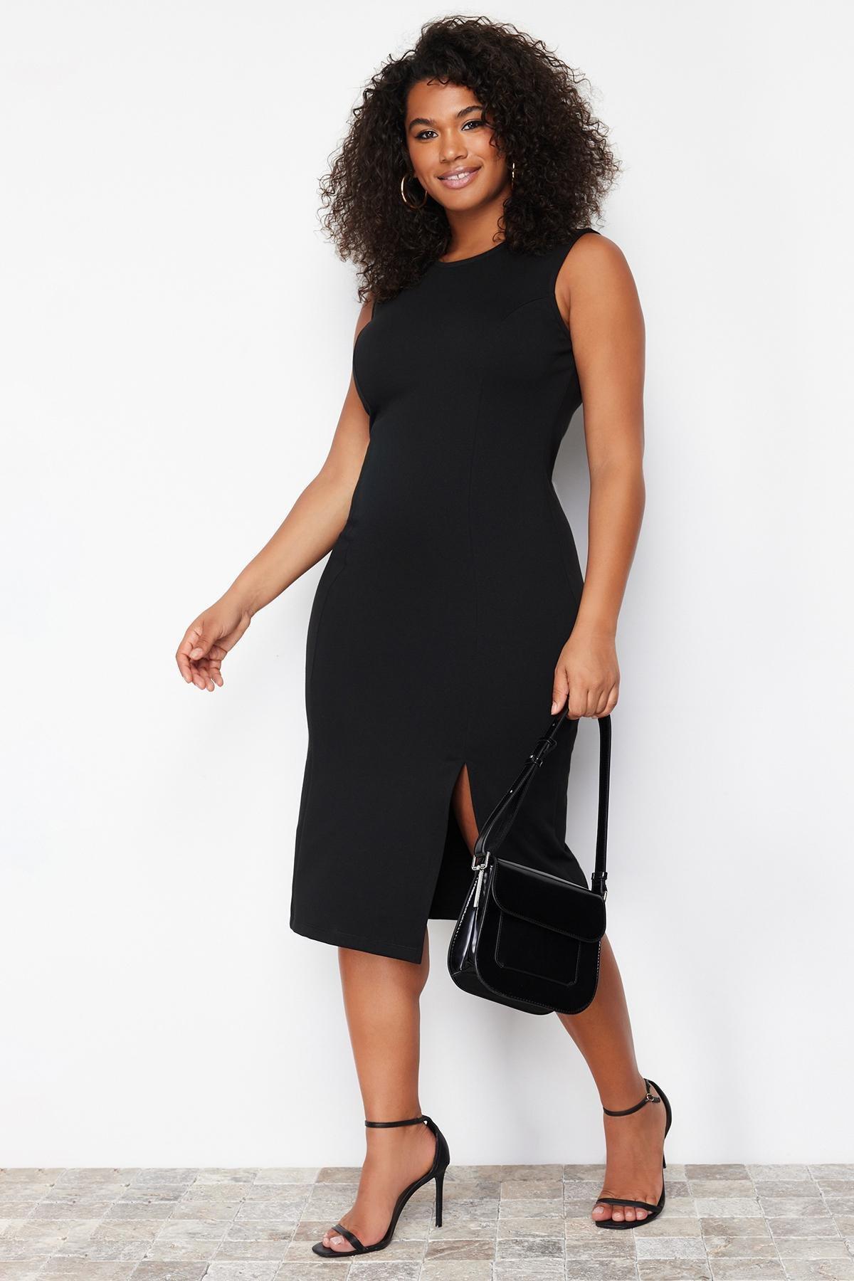 Black Slit Detailed Midi Dress, , large image number 1