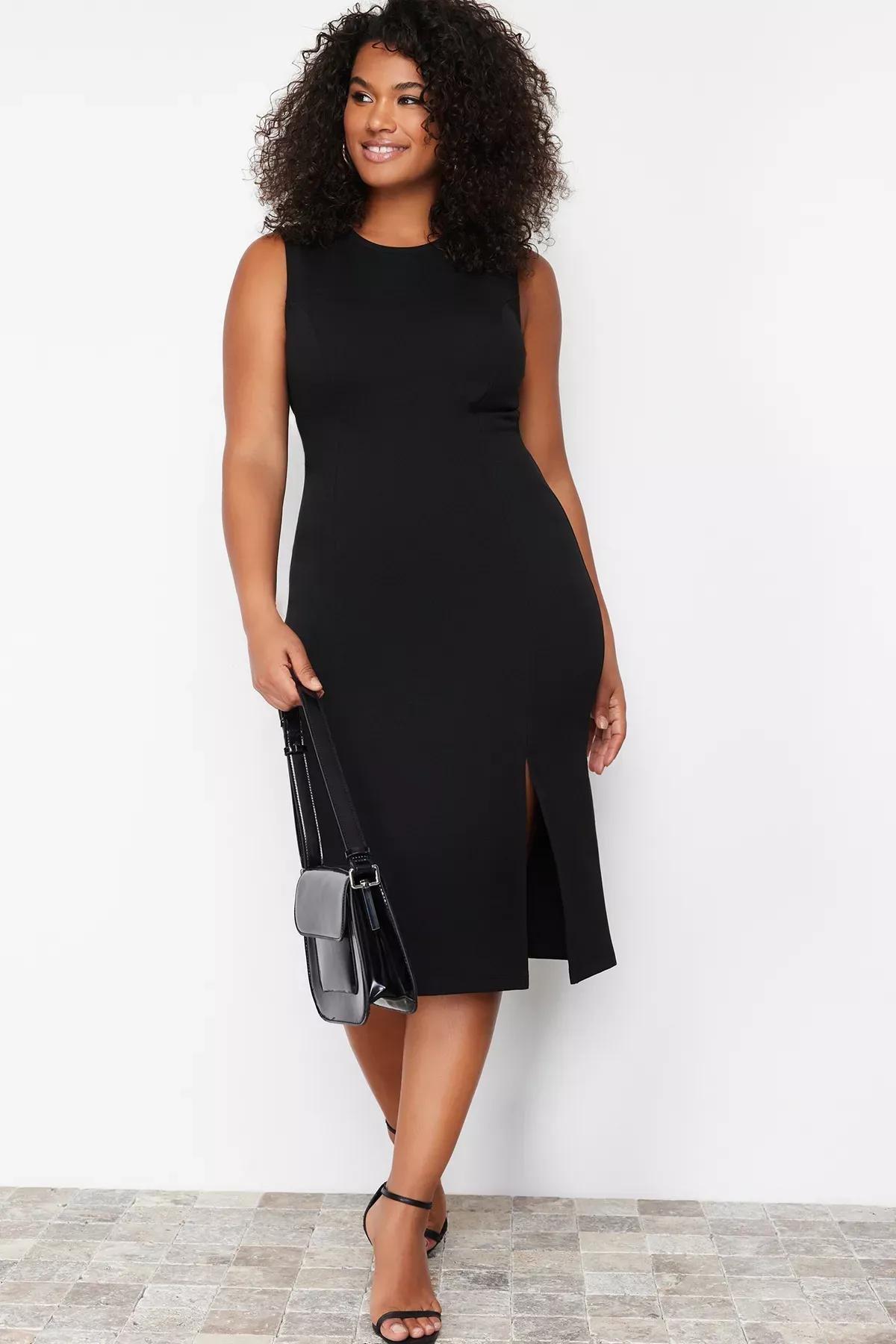 Black Slit Detailed Midi Dress, , large image number 1