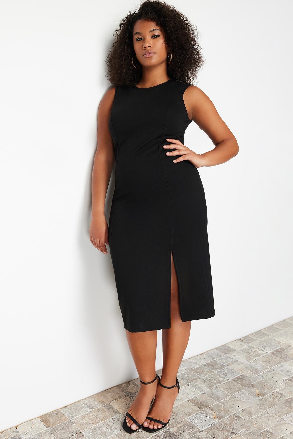 Black Slit Detailed Midi Dress, , large image number 2