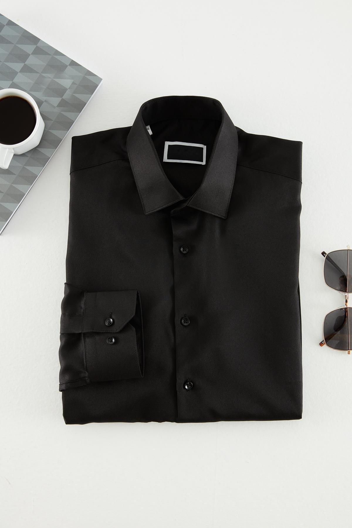 Black Plain Collared Shirt, , large image number 0