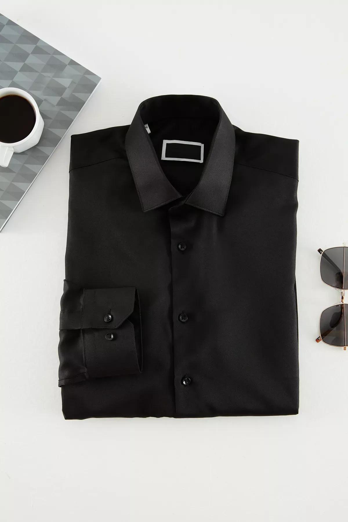 Black Plain Collared Shirt, BLACK, medium