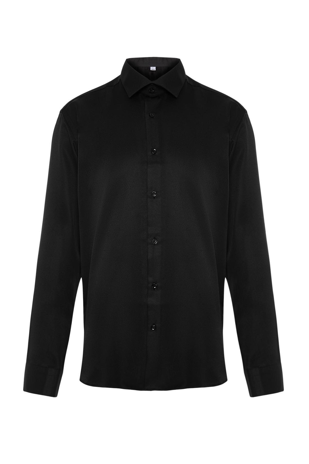 Black Plain Collared Shirt, , large image number 1