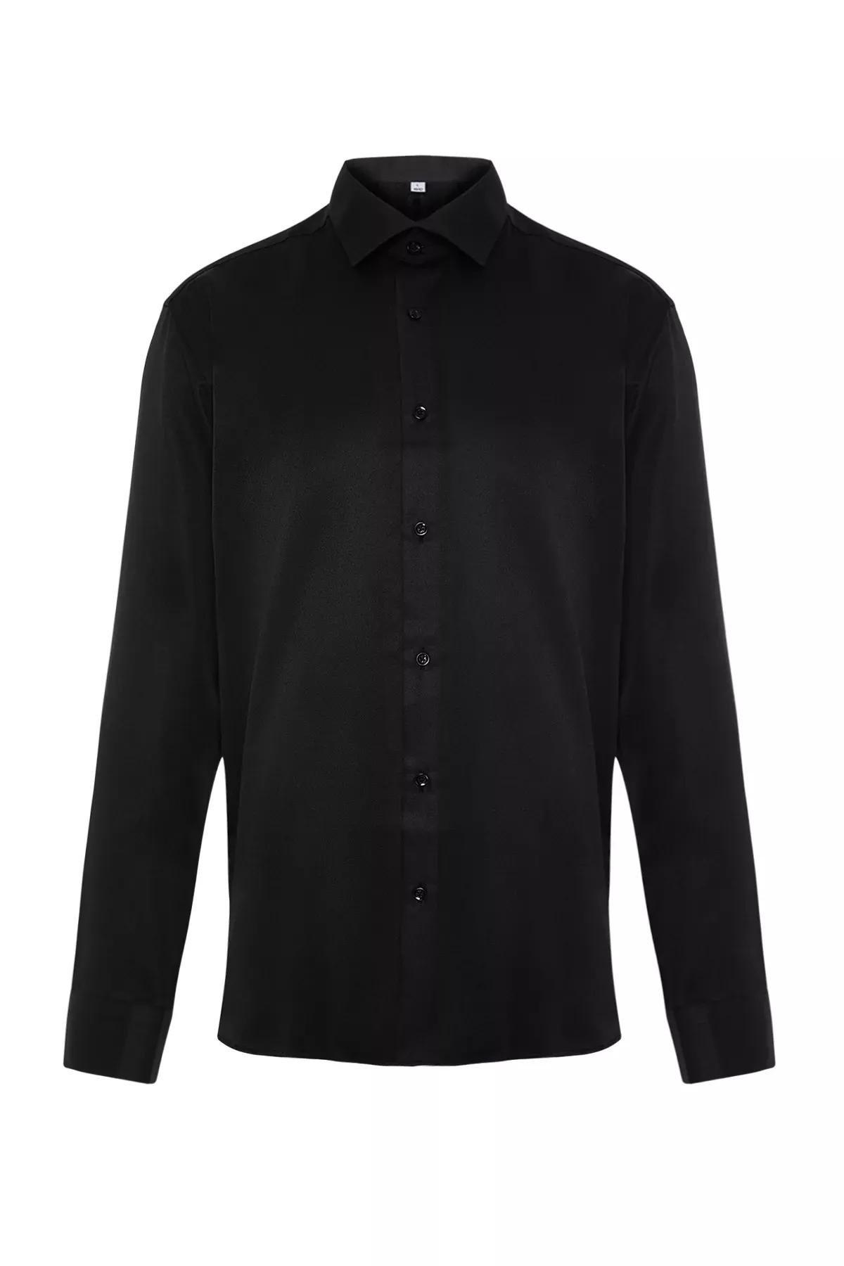 Black Plain Collared Shirt, BLACK, large image number 1