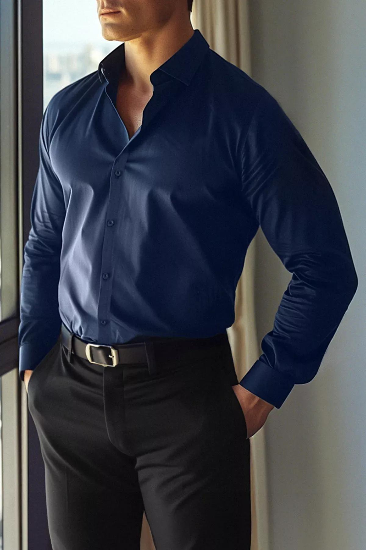 Navy Plain Collared Shirt, Navy blue, large image number 1