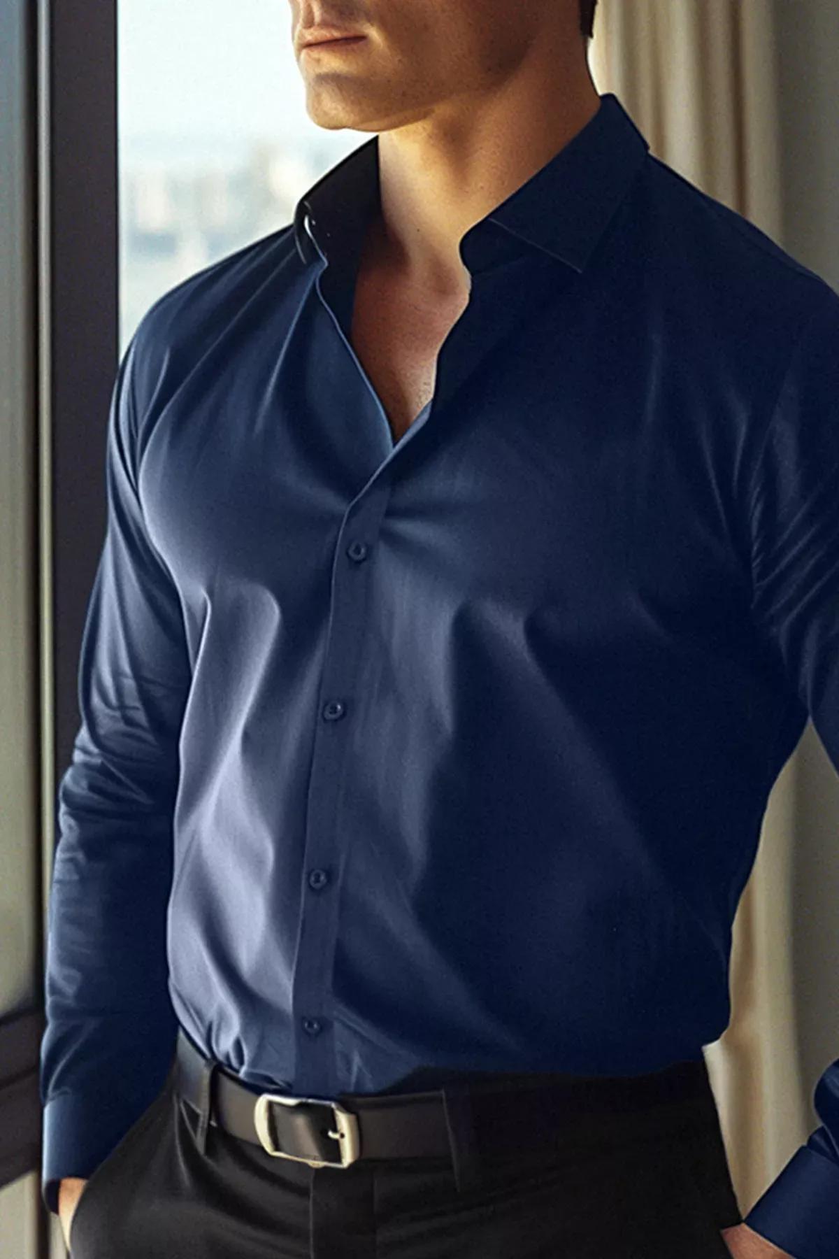 Navy Plain Collared Shirt, , large image number 3